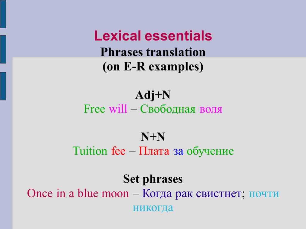 Lexical essentials Phrases translation (on E-R examples) Adj+N Free will – Свободная воля N+N